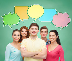 Image showing group of smiling teenagers with text bubbles