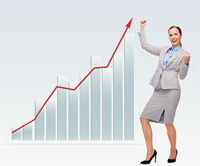 Image showing happy businesswoman with hands up