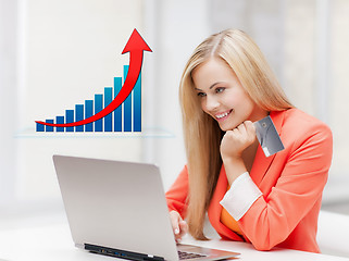 Image showing smiling woman with laptop computer and credit card