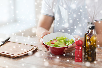 Image showing close of male hands holding bowl with salad