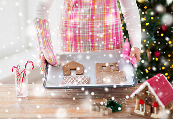 Image showing closeup of woman with gingerbread house on pan