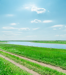 Image showing sunny sky with clouds and green landscape with river and road