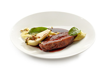 Image showing Plate of duck breast and mashed potatoes