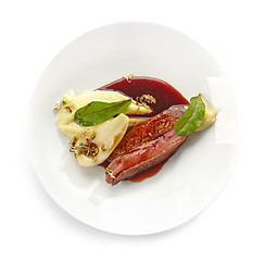 Image showing Plate of duck breast and mashed potatoes