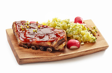 Image showing Grilled pork ribs and mashed potatoes