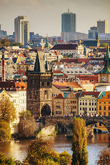 Image showing Overview of old Prague with Charles bridge