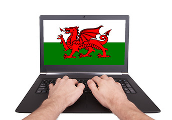 Image showing Hands working on laptop, Wales
