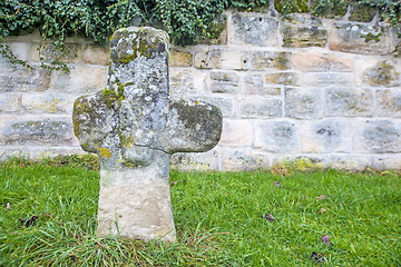 Image showing penitence cross with old medieval abbey wall