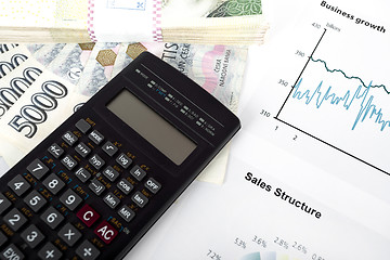 Image showing calculator, charts, pen, business workplace