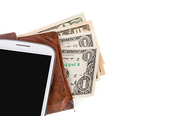 Image showing cellphone and money on white