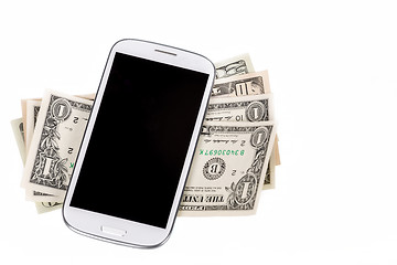 Image showing cellphone and money on white