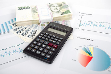 Image showing calculator, charts, pen, business workplace