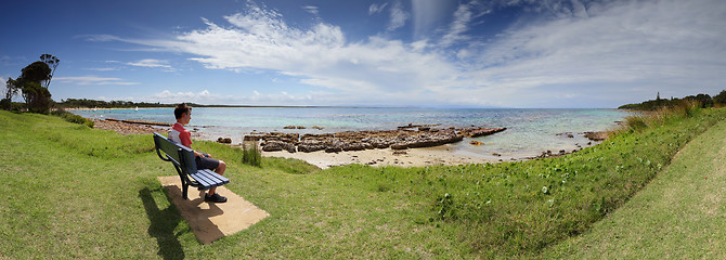 Image showing Tourist visitor admiring the views Currarong Beach Australia