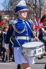 Image showing Drummer girl on Victory Day parade