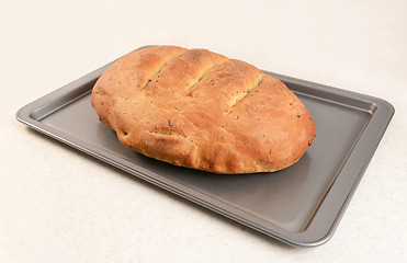 Image showing Freshly baked bread with slashed crust 