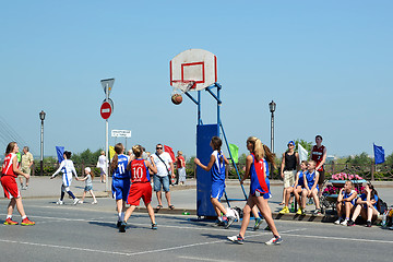 Image showing Street basketball among women's teams on the street in Tyumen, R