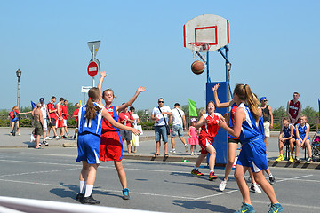 Image showing Street basketball among women's teams on the street in Tyumen, R