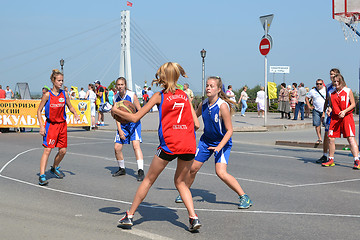 Image showing Street basketball among women's teams on the street in Tyumen, R