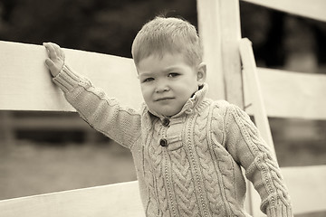 Image showing 2 years old Baby boy on the a white picket fence beside the hors