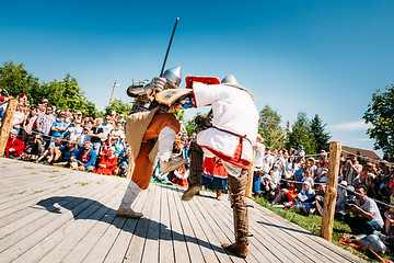 Image showing Knights In Fight With Sword. Restoration Of Knightly Battle