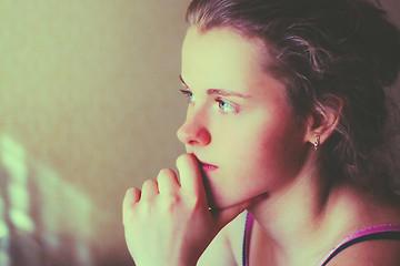 Image showing Young Pensive Teen Girl. Toned Instant Photo