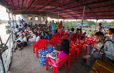 Image showing Passengers on a ferry in Sittwe, Myanmar