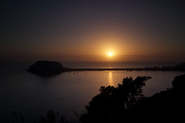 Image showing Tranquil sunrise and silhouettes over Pittwater, Broken Bay, Pal