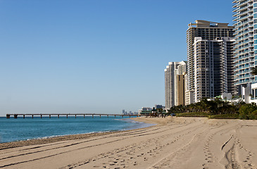 Image showing Skyline and pier along the beach of Sunny Isles Beach, Florida