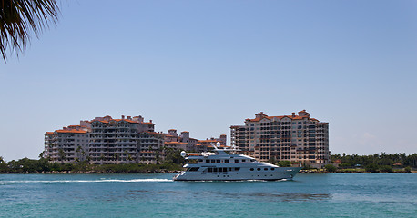 Image showing Luxury yatch sails past Fisher Island in Miami, Florida