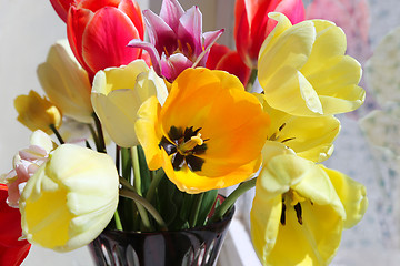 Image showing Bouquet of colorful spring tulips