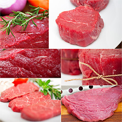 Image showing different raw beef cuts collage