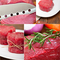 Image showing different raw beef cuts collage