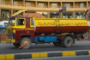 Image showing Old tanker truckwith blocking device on wheel