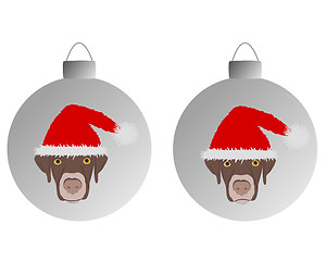 Image showing Laughing dog with red santa claus caps on christmas bauble