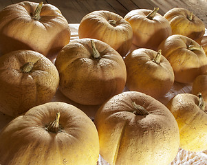 Image showing big orange pumpkins at the old barn