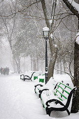 Image showing Snow covered benches in winter park