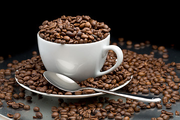 Image showing Cup and saucer full of coffee beans with a spoon