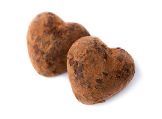 Image showing Two candy truffle heart shaped. Symbols of Valentine's Day.