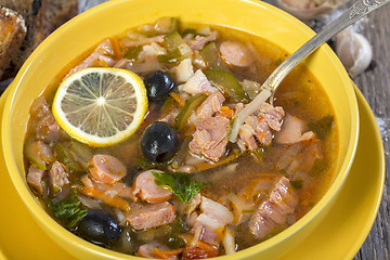 Image showing Meat soup in a bowl close up.