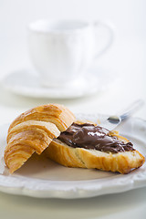 Image showing Breakfast with croissant and chocolate.