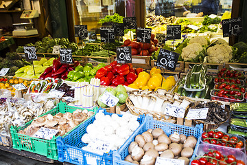 Image showing Counter market with vegetables and mushrooms.