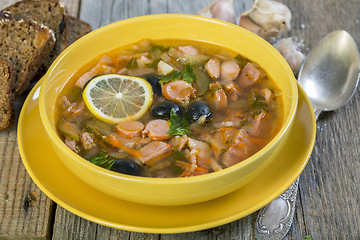 Image showing Meat soup - solyanka. Russian cuisine.