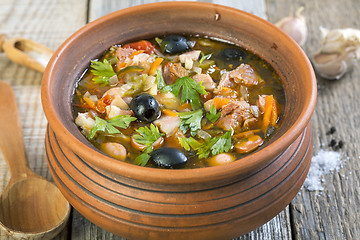 Image showing Traditional Russian meat soup closeup.