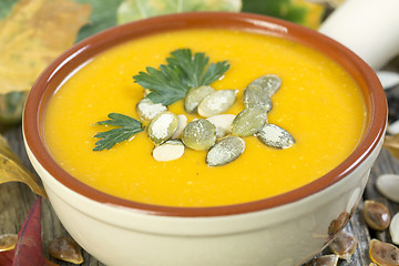 Image showing French pumpkin soup close up.