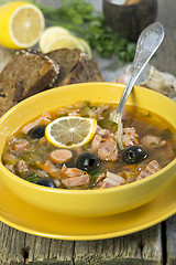 Image showing Meat soup. The traditional Russian soup - solyanka.