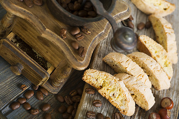 Image showing Coffee grinder and Italian cookies.
