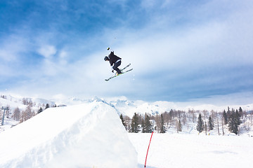 Image showing Free style skier performing a high jump