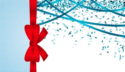 Image showing blue cardboard with bow and confetti