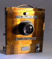 Image showing vintage wooden box camera