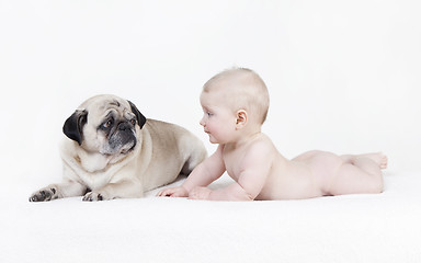 Image showing Naked baby lies next to dog